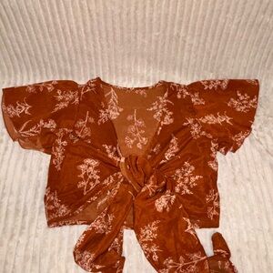 Rust Orange Floral Tie Front Crop Top | Size Small | Boho | Festival
